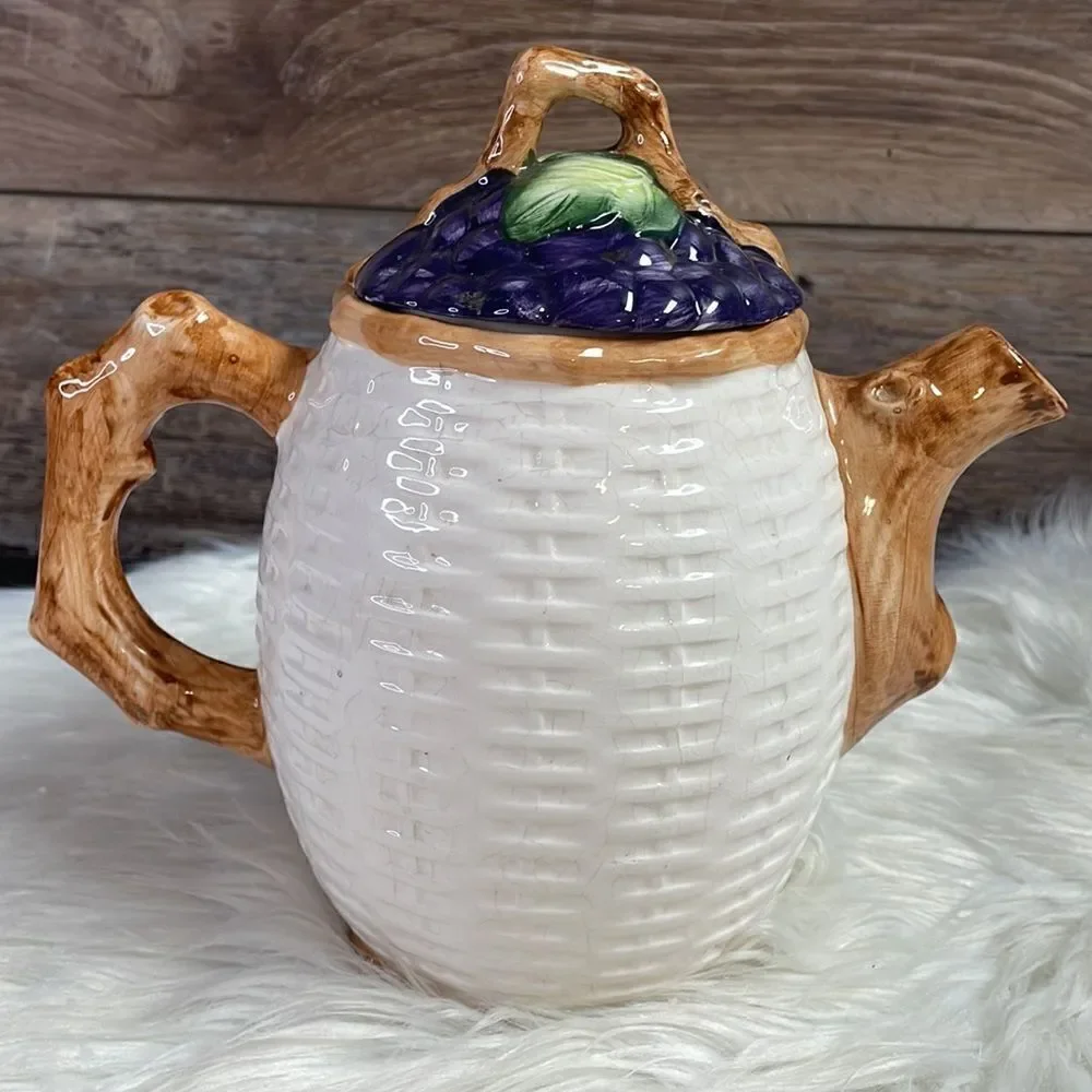 Fruit Design Teapot Grapes Apple Vines Fruit Basket